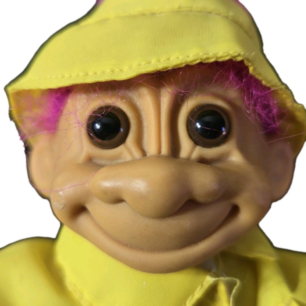 Vintage Russ Troll Doll 4" Figurine Yellow Rain Coat Hat Purple Hair Red‎ Boots